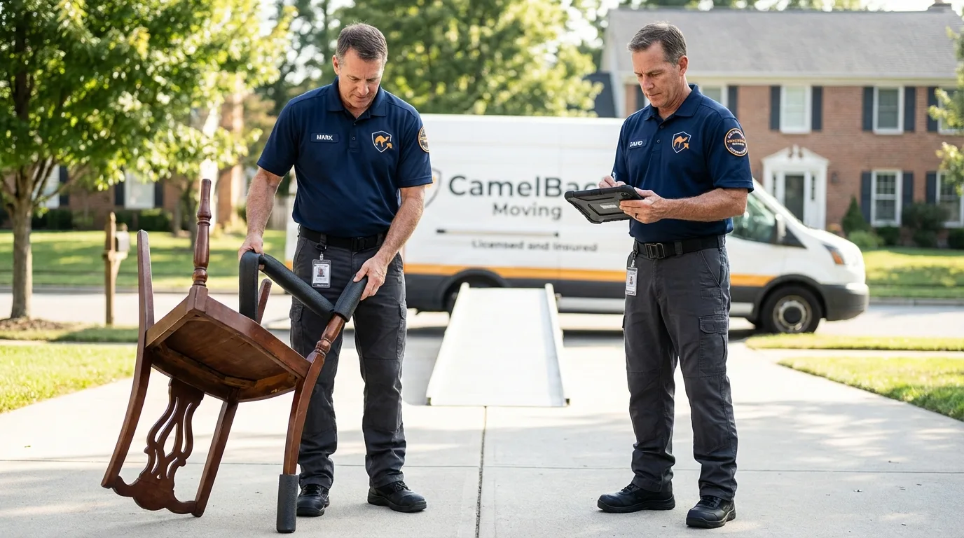 Movers inspecting furniture for damage prevention before loading in Thorsby, AL