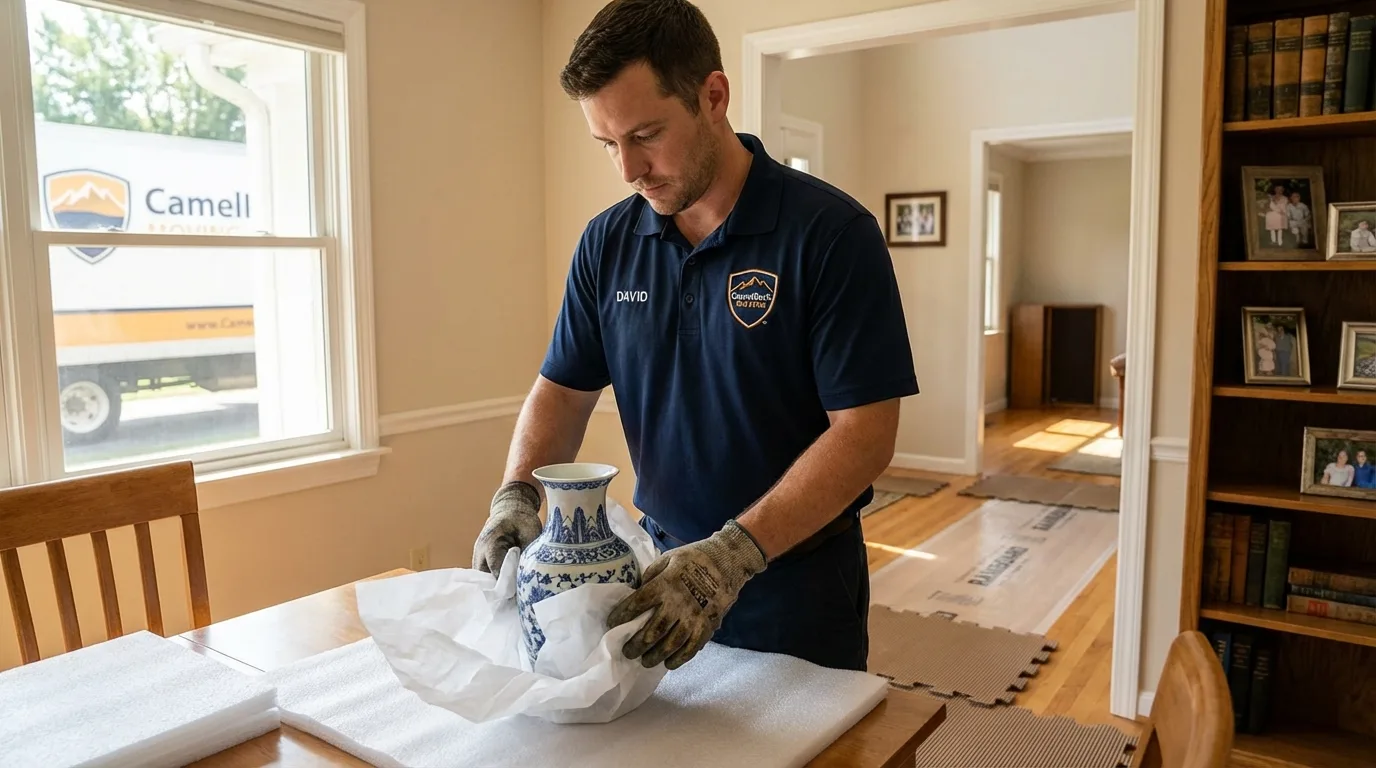 Professional crew carefully wrapping antique vase for senior downsizing move in Thorsby, AL